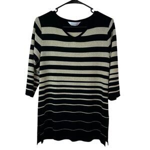 Exclusively Misook Women’s Black Gold Knit Striped Top 3/4 Sleeve Size S Classy